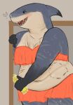 anthro bite_mark blush bottomwear clothing dorsal_fin eyebrows female fin fish gradient hi_res marine overweight scar shark skirt solo stretch_marks teeth torsena123