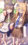  2girls absurdres animal_ears bag blonde_hair blue_eyes blue_necktie blue_skirt blurry blurry_background brown_coat brown_hair brown_shorts bush coat commentary_request cup disposable_cup drinking_straw eyewear_on_head gold_city_(umamusume) gradient-tinted_eyewear grey_eyes highres holding holding_cup horse_ears horse_girl horse_tail isana615 long_hair long_sleeves looking_at_viewer miniskirt multiple_girls necktie parted_bangs plaid_necktie puffy_long_sleeves puffy_sleeves round_eyewear shirt shopping_bag shorts skirt tail thighs tosen_jordan_(umamusume) umamusume white_shirt 