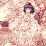  1girl animal_ears barefoot carrot_necklace commentary_request dress floppy_ears full_body greyscale inaba_tewi jewelry looking_at_viewer monochrome necklace nokimenayu outdoors rabbit_ears rabbit_girl ribbon-trimmed_dress short_hair short_sleeves smile solo touhou 