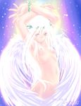  angel arms_up artist_name dated flat_chest kawata_hisashi laurel_crown laurels long_hair nude original purple_eyes signature solo white_hair wings 
