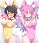  2girls animal_ears arm_behind_head black_hair blue_eyes blush bow bowtie cowboy_shot detached_collar elbow_gloves fake_animal_ears gloves gradient_hair heart highres himemori_luna hololive leotard long_hair looking_at_viewer multicolored_hair multiple_girls nose_blush oozora_subaru pink_hair pink_leotard playboy_bunny purple_eyes rabbit_ears rabbit_tail red_bow red_bowtie short_hair smile strapless strapless_leotard striped_bow striped_bowtie striped_clothes suicabar72 swept_bangs tail tongue tongue_out wavy_mouth white_gloves yellow_leotard 