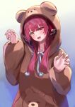 1girl :d alternate_costume animal_costume animal_hood bear_costume blush brown_hoodie claw_pose commentary_request fang gradient_background grey_background hair_between_eyes hair_ribbon hands_up heterochromia highres hololive hood hood_up hoodie houshou_marine jewelry long_hair looking_at_viewer narutakaya necklace open_mouth red_eyes red_hair ribbon sidelocks skin_fang sleeves_past_wrists smile solo sparkle upper_body virtual_youtuber white_background yellow_eyes 