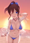  1girl areola_slip arm_up beach bikini blue_bikini blue_eyes bracelet breasts brown_hair butterfly_necklace cai_geng collarbone covered_nipples evening gradient_sky highres idolmaster idolmaster_million_live! jewelry large_breasts looking_at_viewer micro_bikini navel ocean one_eye_closed open_mouth orange_sky outdoors ponytail satake_minako shirt sky smile solo standing sunset swimsuit white_shirt 