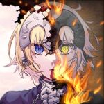  1girl akuterasu blonde_hair blue_eyes fate/grand_order fate_(series) fire gauntlets headpiece jeanne_d&#039;arc_(fate) jeanne_d&#039;arc_(ruler)_(fate) jeanne_d&#039;arc_alter_(avenger)_(fate) jeanne_d&#039;arc_alter_(fate) looking_at_viewer own_hands_clasped own_hands_together parted_lips portrait simple_background solo split_theme symmetry white_hair yellow_eyes 