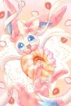  blue_eyes blush bow cookie doughnut fangs food fruit happy highres looking_at_viewer no_humans open_mouth pokemon pokemon_(creature) pokemon_xy remedy_matome ribbon smile solo strawberry sylveon 