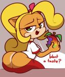 activision anthro blonde_hair breasts butt clothing coco_bandicoot crash_bandicoot_(series) dialogue english_text female food fruit green_eyes hair mammal marsupial open_mouth orange_body plant ponytail simple_background sitting solo speech_bubble text vilepluff