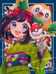  1girl :d alternate_costume artist_name bird black_hair blue_border blue_eyes border bow bowtie commentary_request earrings eyelashes flower_earrings green_bow green_bowtie hana_e_(ka_e0128) holding holding_poke_ball inset_border japanese_clothes jewelry kimono medium_hair open_mouth outside_border owl poke_ball poke_ball_(basic) pokemon pokemon_(creature) pokemon_sm rowlet selene_(pokemon) signature smile teeth twitter_username upper_teeth_only 