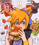  ! !! 1boy 1girl bacon blue_eyes blush burger drink drinking_straw food food_bite french_fries fried_egg grey_outline hair_between_eyes headphones highres holding holding_food jacket keiseki1 lettuce looking_at_food male_focus nyantan open_mouth orange_hair pink_hair sakuraba_neku shiki_eiki short_hair solo spiked_hair subarashiki_kono_sekai tomato upper_body 