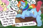 absurd_res animal_genitalia animal_penis anthro canine_genitalia canine_penis dialogue female feral fluttershy_(mlp) forest friendship_is_magic genitals group hasbro hi_res imminent_sex interspecies knot male male/female my_little_pony penis plant rainbow_dash_(mlp) rubbing tombstonnie tree trio