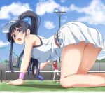  2girls all_fours bare_shoulders baseball_cap black_hair blue_eyes blue_sky blush breasts closed_eyes dress haruki_(haruki678) hat high_ponytail highres holding holding_racket holding_tennis_racket idolmaster idolmaster_million_live! kasuga_mirai long_hair looking_at_viewer medium_breasts mogami_shizuka multiple_girls open_mouth outdoors racket red_shirt shirt skirt sky sleeveless sleeveless_shirt smile sportswear tennis_dress tennis_net tennis_racket tennis_skirt tennis_uniform white_dress white_skirt 