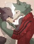  1boy 1girl ^ animal_ears beastars blush furry hands_on_another&#039;s_shoulders highres hioshiru-alter juno_(beastars) legoshi licking licking_another&#039;s_face simple_background sparkle_background tail wolf_boy wolf_ears wolf_girl wolf_tail 