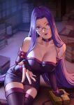  1girl bare_shoulders breasts cleavage collar collarbone crossed_legs dress elbow_gloves fate/stay_night fate_(series) fingerless_gloves gloves highres indoors large_breasts long_hair looking_at_viewer medusa_(fate) medusa_(rider)_(fate) phamoz purple_collar purple_dress purple_eyes purple_gloves purple_hair purple_lips purple_thighhighs sitting solo strapless strapless_dress thighhighs very_long_hair 