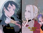  3girls b_(wldms6650) black_dress blue_hair brown_hairband byleth_(female)_(fire_emblem) byleth_(fire_emblem) commentary dress edelgard_von_hresvelg english_commentary english_text fire_emblem fire_emblem:_three_houses fire_emblem_warriors:_three_hopes hair_bun hairband heart highres light_particles long_hair looking_at_another multiple_girls parted_lips pink_eyes purple_eyes purple_hair red_dress shez_(female)_(fire_emblem) shez_(fire_emblem) simple_background tassel upper_body white_background 