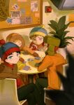  4boys beanie black_hair bulletin_board card chair chips_(food) chun_baii crossed_legs cup drinking_straw drinking_straw_in_mouth eric_cartman food gloves hat highres holding holding_cup hood hood_up hooded_jacket indoors jacket kenny_mccormick kyle_broflovski long_sleeves looking_at_viewer male_focus mittens multiple_boys pants plant playing_card playing_games pom_pom_(clothes) potato_chips potted_plant red_hair sitting south_park stan_marsh table television 