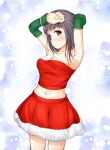  1girl arm_behind_head armpits arms_up bare_shoulders black_hair blue_background blush breasts christmas cleavage commentary_request cowboy_shot detached_sleeves fur-trimmed_skirt fur_trim itsuwa medium_breasts medium_hair midriff miniskirt navel parted_lips pleated_skirt purple_eyes red_skirt red_tube_top shin_(highest1192) skirt solo stomach strapless toaru_majutsu_no_index tube_top 