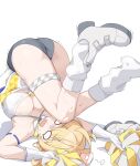  1girl absurdres ahoge armband ass blank_eyes blonde_hair blue_archive blue_armband breasts cheerleader cleavage crossed_bandaids fallen_down head_bump highres holding holding_pom_poms kotori_(blue_archive) kotori_(cheer_squad)_(blue_archive) legs legs_up loose_socks lying millennium_cheerleader_outfit_(blue_archive) no_pupils official_alternate_costume on_back open_mouth patanda pom_pom_(cheerleading) socks solo sports_bra thigh_strap tripping two-tone_sports_bra upside-down white_background white_eyes 
