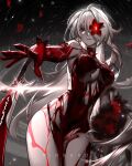  1girl absurdres acheron_(honkai:_star_rail) blood blood_censor blood_on_breasts blood_on_chest body_markings breasts colored_extremities flower hair_over_one_eye highres honkai:_star_rail honkai_(series) long_hair looking_at_viewer official_alternate_color official_alternate_eye_color official_alternate_hair_color pale_skin red_eyes red_hands ringeko-chan solo very_long_hair white_hair 