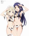  2girls :d absurdres arm_garter armpits bikini black_hair blonde_hair breasts bridal_garter brown_bikini brown_eyes detached_collar high_school_fleet highres long_hair maid maid_headdress marikouji_kaede mc_axis multiple_girls navel neck_ribbon non-web_source open_mouth panties purple_eyes ribbon side-tie_panties small_breasts smile swimsuit tateishi_shima underwear 