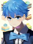  359-1059 bad_id bad_pixiv_id blue_eyes blue_hair blush bow bowtie cake face fate/extra fate/extra_ccc fate_(series) food hans_christian_andersen_(fate) male_focus solo upper_body vest 