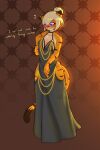 anthro blonde_hair blue_eyes blush blush_lines breasts catsockjus clothed clothing dress embarrassed felid female fur gold_(metal) gold_jewelry hair hi_res hollow_hip_dress jewelry lily_(catsockjus) looking_down mammal meme meme_clothing multicolored_body multicolored_fur orange_body orange_fur pantherine smile solo striped_body stripes tiger two_tone_body two_tone_fur
