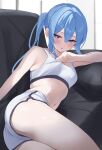  1girl :o absurdres armpit_peek ass blue_eyes blue_hair blush breasts clothes_lift couch cowboy_shot dot_nose fawny from_side gym_shorts hair_between_eyes half_updo highres hololive hoshimachi_suisei indoors legs_together long_hair looking_at_viewer lying navel on_couch on_side open_mouth ponytail short_shorts shorts sidelocks small_breasts solo sports_bra sports_bra_lift stomach thighs virtual_youtuber white_shorts white_sports_bra 