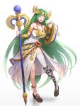  1girl absurdres blush breasts cleavage closed_eyes dress forehead_jewel gonzarez green_hair highres holding holding_shield holding_staff kid_icarus large_breasts long_hair palutena shield simple_background single_thighhigh solo staff strapless strapless_dress thighhighs tiara very_long_hair waving white_background white_dress white_thighhighs 