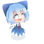  akisha bad_id bad_pixiv_id blue_eyes blue_hair blush bow chibi cirno dress fang hair_bow ice ice_wings open_mouth poop smile solo touhou white_background wings 
