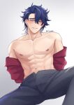  1boy abs blue_hair grey_hair grey_pants hair_between_eyes highres honkai:_star_rail honkai_(series) kirene88 male_focus muscular muscular_male navel nipples pants red_shirt sampo_koski shirt solo stomach 