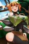  1girl ;d aged_up bare_shoulders belt black_hair black_shirt black_thighhighs blue_sky blunt_bangs blush breasts brown_eyes brown_hair capelet cleavage cleavage_cutout clothing_cutout cloud commentary_request covered_navel gardenia_(pokemon) green_belt green_capelet green_ribbon hair_ribbon highres hizakake huge_breasts indoors kneeling long_hair looking_at_viewer multicolored_hair one_eye_closed open_mouth pelvic_curtain pokemon pokemon_(creature) pokemon_bdsp pokemon_dppt ribbon shirt shoulder_cutout sidelocks sky smile solo_focus stage_lights teeth thigh_cutout thighhighs torterra tree turtleneck turtleneck_shirt two-tone_hair upper_teeth_only 