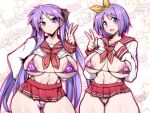  2girls :&lt; :d absurdres adapted_costume alternate_breast_size areola_slip black_ribbon blue_eyes bow bra cameltoe clothes_lift commentary gggg hair_bow hair_ribbon hairband hand_up highleg highleg_panties highres hiiragi_kagami hiiragi_tsukasa long_sleeves lucky_star micro_bra microskirt multiple_girls navel neckerchief panties pink_bra pleated_skirt purple_bra red_neckerchief red_sailor_collar red_skirt ribbon ryouou_school_uniform sailor_collar school_uniform shirt_lift short_hair siblings sisters skirt sleeve_cuffs smile string_panties thighs twintails underwear w yellow_bow yellow_hairband yellow_ribbon 