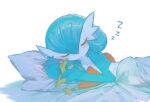  alternate_color bed_sheet blue_hair blush bob_cut butter_(oshi8kyoumoh) closed_eyes colored_skin flygon gardevoir multicolored_skin pillow pokemon pokemon_(creature) shiny_pokemon simple_background sleeping two-tone_skin white_background white_skin zzz 