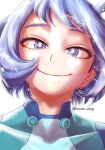  1girl blue_bodysuit blue_eyes blue_hair bodysuit boku_no_hero_academia bright_pupils closed_mouth commentary_request eyelashes hadou_nejire imoan_atag looking_at_viewer short_hair smile solo sparkle twitter_username white_background white_pupils 