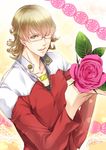  barnaby_brooks_jr blonde_hair flower glasses green_eyes jacket male_focus miyama_kiri one_eye_closed pink_flower pink_rose red_jacket rose solo tiger_&amp;_bunny 