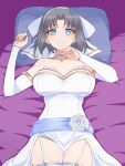  blue_eyes blue_flower bow breasts bridal_garter bridal_gauntlets choker cleavage closed_mouth dress english_commentary flower grey_hair hair_bow hairband highres jewelry large_breasts looking_at_viewer low_neckline medium_hair necklace on_bed pillow senran_kagura smile striped_bow thighhighs wedding_dress white_bow white_choker white_hairband white_thighhighs yumi_(senran_kagura) zatsu 