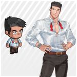  1boy absurdres bara bow bowtie character_request chibi collared_shirt cowboy_shot ero_condo facial_hair goatee_stubble highres kienbiu light_smile looking_to_the_side male_focus official_alternate_costume paid_reward_available pants pectoral_cleavage pectorals shirt short_hair simple_background solo standing stubble toned toned_male undone_bowtie watch wristwatch 