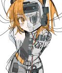  1girl a.i._voice adachi_rei android arms_behind_back belt bisaytin cable closed_mouth cowboy_shot grey_shorts hair_ribbon hashtag_only_commentary headgear highres jacket leaning_forward looking_at_viewer mechanical_parts medium_hair open_clothes open_jacket orange_belt orange_eyes orange_hair power_symbol ribbon see-through_body shorts simple_background sketch smile solo split_theme standing utau white_background white_jacket white_ribbon 