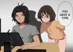  1boy 1girl artist_self-insert black_hair brown_eyes brown_hair brown_shirt closed_mouth dark_skin desk english_text frown glasses gradient_background grey_shirt highres jourd4n keyboard_(computer) leaning_forward long_sleeves looking_at_viewer mole mole_on_thigh mole_under_mouth original red_shorts screen shirt short_hair short_sleeves shorts smile speech_bubble white_background 