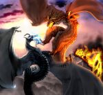  angel_(drag-on_dragoon) artist_request battle blue_fire cloud cloudy_sky commentary_request drag-on_dragoon drag-on_dragoon_2 dragon fighting fire flying gradient_sky highres lava legna no_humans orange_sky pink_sky skeletal_head sky western_dragon 