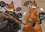2024 anthro assault_rifle big_butt brown_background bubble_butt butt canid canine clothed clothed/nude clothing dialogue ear_piercing ear_ring english_text eyebrows fox fur gloves gun handwear heart_symbol holding_gun holding_object holding_ranged_weapon holding_weapon humor jeanwoof long_sleeves male mammal military military_uniform muscular muscular_anthro muscular_male narrowed_eyes nude offscreen_character piercing ranged_weapon rifle ring_piercing seductive shirt simple_background smile soldier solo sparkles standing teeth text thick_thighs topwear tuft uniform url vest warrior weapon