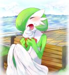  bench blue_sky blush bob_cut closed_eyes cloud colored_skin dress food gardevoir green_hair hair_over_one_eye holding holding_food holding_ice_cream ice_cream multicolored_skin on_bench open_mouth pokemon pokemon_(creature) sky two-tone_skin water white_dress white_skin yu_yun 