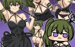  1girl :3 arm_strap arm_up armlet armpit_crease armpits ass bare_shoulders belt black_belt black_choker black_dress black_panties black_straps blush_stickers breasts breasts_squeezed_together chibi choker collarbone dimples_of_venus dot_nose dress glasses green_hair grey_outline jazz_jack large_breasts looking_at_viewer multiple_views o-ring o-ring_choker one_side_up outline panties pantyshot pleated_dress purple_background purple_eyes shoulder_blades side_ponytail slav_squatting smile solid_eyes sousou_no_frieren squatting suspenders suspenders_hanging ubel_(sousou_no_frieren) underwear upskirt 