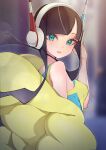  1girl bare_shoulders black_hair blue_eyes blunt_bangs breasts elesa_(pokemon) headphones highres jacket long_hair looking_at_viewer pokemon pokemon_bw pokemon_bw2 rindoriko sidelocks smile solo yellow_jacket 