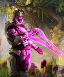  1boy absurdres armor assault_visor black_bodysuit black_gloves bodysuit energy_sword english_commentary gloves halo_(series) helmet highres holding holding_sword holding_weapon power_armor science_fiction sinna_(cherushiina) solo spartan_(halo) sword tree type-1_energy_sword weapon 