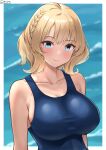  1girl bare_shoulders blonde_hair blue_eyes blue_one-piece_swimsuit braid breasts cleavage colorado_(kancolle) highres kantai_collection large_breasts one-piece_swimsuit shiromaru_(maniado) short_hair smile solo swimsuit upper_body 