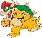 anthro bowser claws hair hi_res horn koopa male mario_bros nintendo open_mouth red_eyes red_hair scalie simple_background solo toe_claws vilepluff