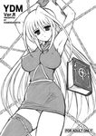  armpits arms_up asymmetrical_clothes bdsm bondage book bound bound_arms breasts chain collar cover cover_page covered_nipples doujin_cover dress empty_eyes fingerless_gloves gloves greyscale kamogawa_tanuki large_breasts lyrical_nanoha mahou_shoujo_lyrical_nanoha mahou_shoujo_lyrical_nanoha_a's monochrome reinforce single_hair_intake single_thighhigh solo thighhighs tome_of_the_night_sky 