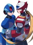  2boys android armor artist_name blonde_hair blue_armor blue_eyes blue_helmet cowboy_shot forehead_jewel green_eyes hand_on_another&#039;s_waist highres long_hair looking_at_viewer mega_man_(series) mega_man_x8 mega_man_x_(series) multiple_boys red_armor red_helmet shoulder_armor simple_background smile vsub_01 white_background x_(mega_man) yaoi z_saber zero_(mega_man) 