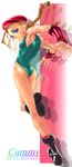  artist_name beret blonde_hair blue_eyes boots braid cammy_white character_name dated green_leotard hat kawata_hisashi leg_up leotard long_hair looking_back signature solo street_fighter twin_braids 