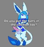 animal_genitalia animal_penis balls_in_condom bargglesnatch-x1 bipedal_feral blue_sclera blush caption chest_tuft condom eeveelution elemental_creature embarrassed erection feathers felid feline feline_genitalia feline_penis generation_4_pokemon genitals glaceon hi_res looking_away male mammal meme nintendo penis pokemon pokemon_(species) pupils scarf semi-anthro sexual_barrier_device shiny_pokemon solo starei_(starei) striped_body stripes text tuft wearing_condom white_pupils