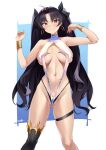  1girl absurdres alternate_breast_size ass_visible_through_thighs belt black_hair black_ribbon black_thighhighs breasts earrings fate/grand_order fate_(series) hair_ribbon halterneck hands_up highleg highleg_swimsuit highres hoop_earrings ishtar_(fate) jewelry kurozawa_yui large_breasts long_hair looking_at_viewer navel one-piece_swimsuit parted_lips red_eyes ribbon simple_background single_thighhigh slingshot_swimsuit solo swimsuit thigh_belt thigh_strap thighhighs two-tone_background two_side_up white_one-piece_swimsuit wristlet 